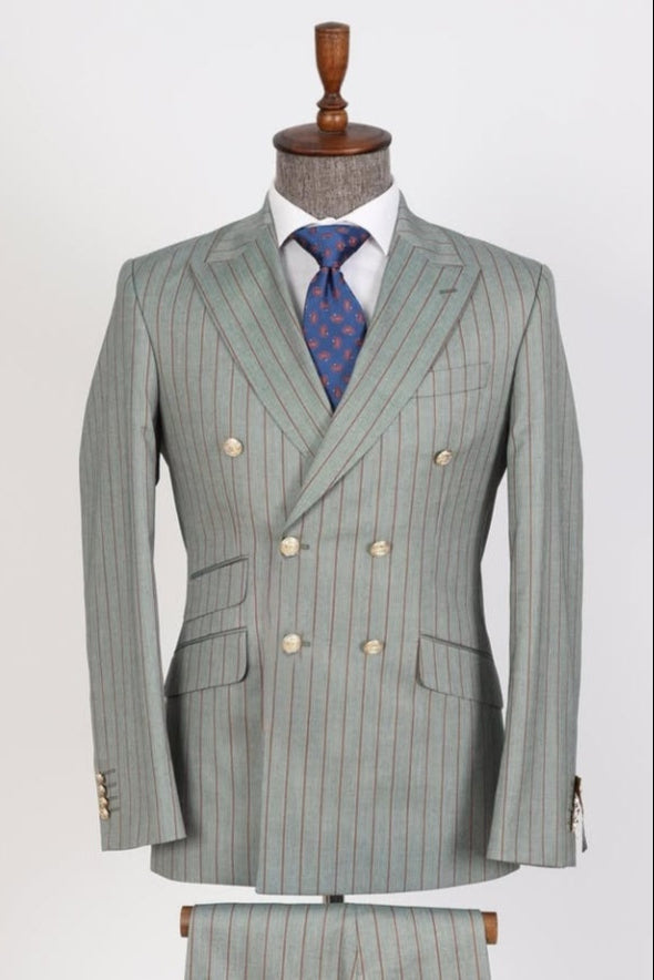 Newest Light Grayish Green Double Breasted Striped Business Suits For Men