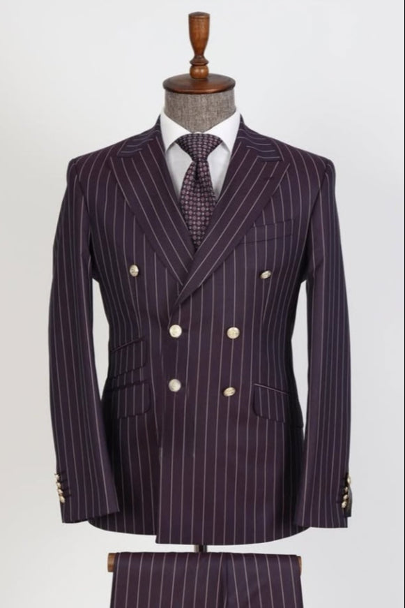 Slim Fit Grape Double Breasted Striped Business Suits For Men