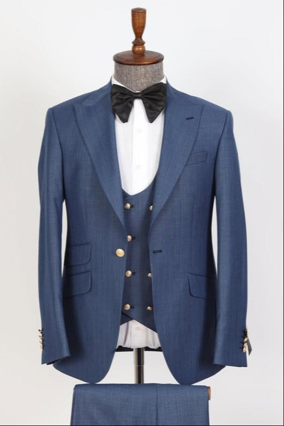 Trendy Navy Blue 3 Pieces Business Suits With Waistcoat