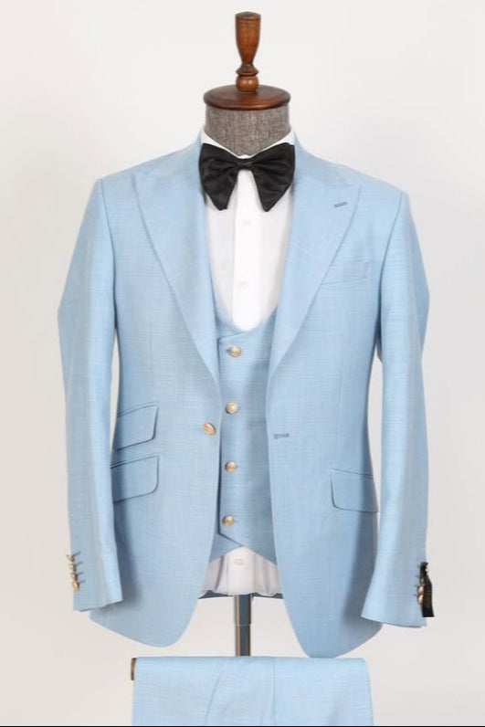 Glamorous Sky Blue 3 Pieces Prom Suits With Waistcoat