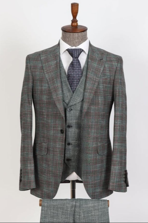 Chic Dark Grayish Green Plaid 3 Pieces Business Suits For Men