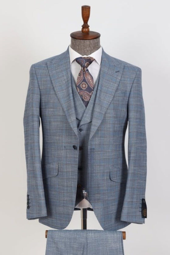 Stylish Light Blue Plaid 3 Pieces Slim Fit Business Men Suits
