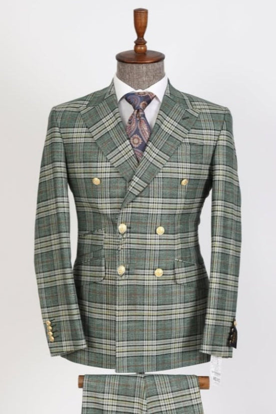 Trendy Grayish Green Plaid Double Breasted Fashion Business Suits