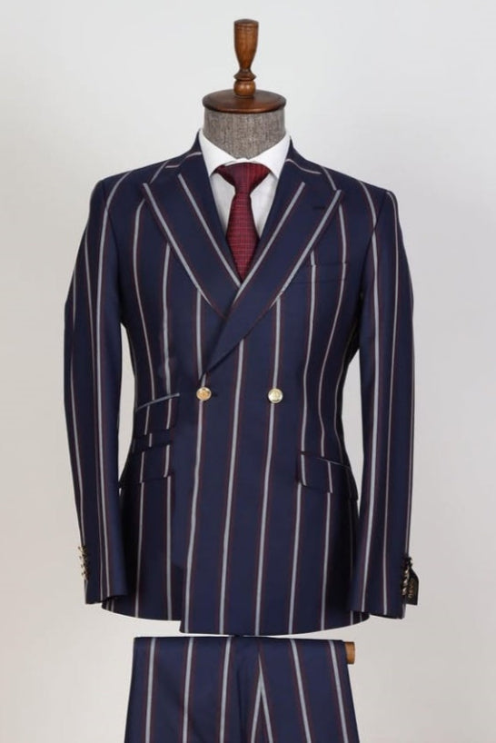 Chic Dark Blue Newewest Double Breasted Stripe Peaked Lapel Business Men Suits