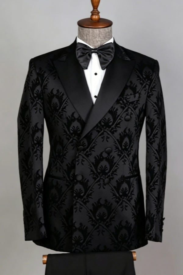 Modern Black Jacquard Double Breasted Peaked Lapel Prom Men Suits