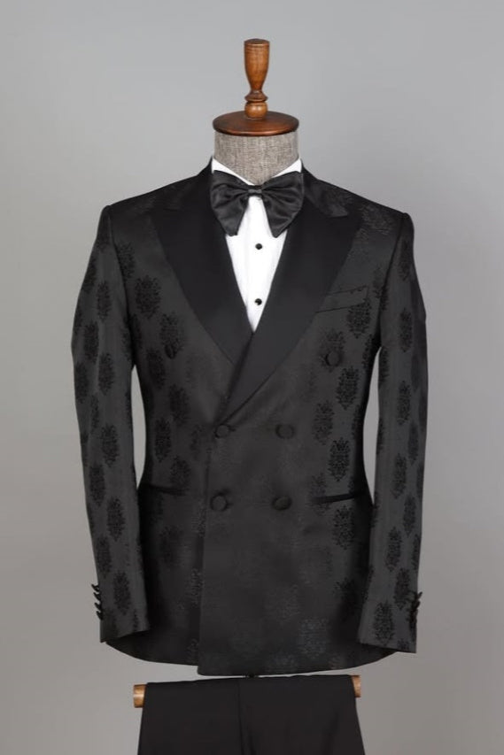 Classic Black Jacquard Double Breasted Slim Fit Men's Prom Suits