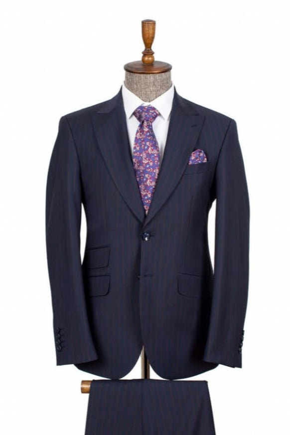 Chic Dark Blue Newest Stripe Peaked Lapel Business Suits For Men