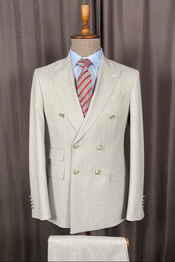 Chic Light Gray Bespoke Stripe Double Breasted Suits For Men
