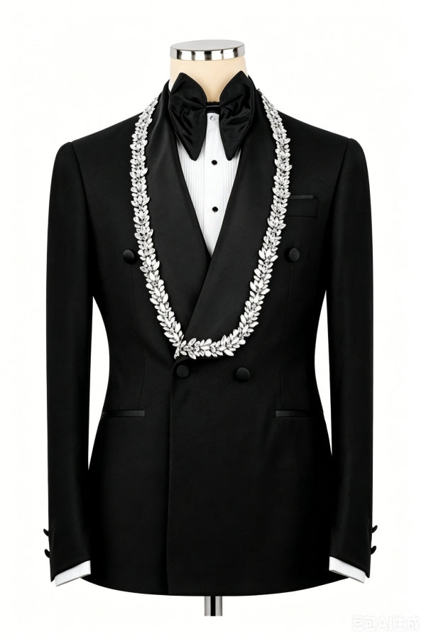 Popular Black Shawl Lapel Bespoke Crystal Wedding Suit