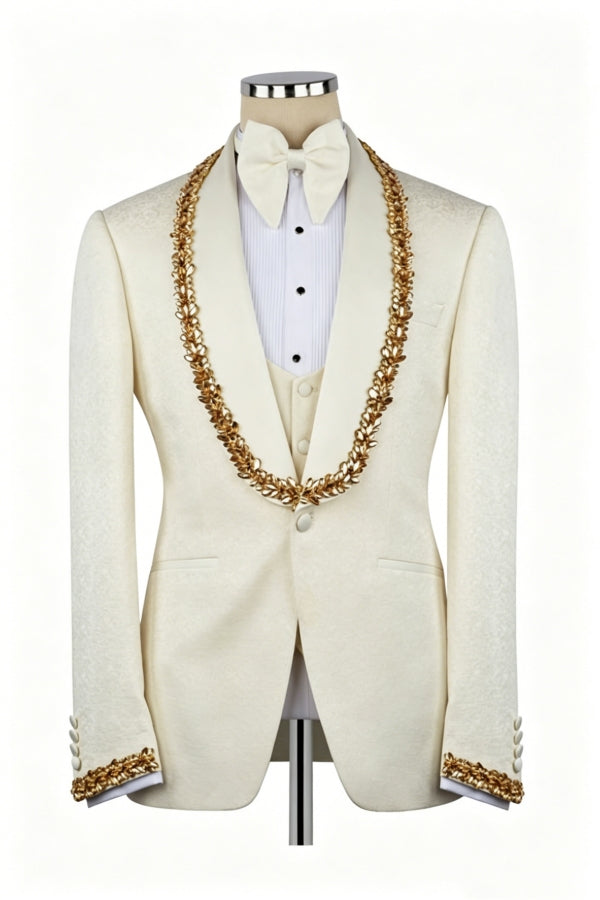 3 Pieces Cream White Jacquard Gold Crystal Embroidered Shawl Lapel Wedding Suits