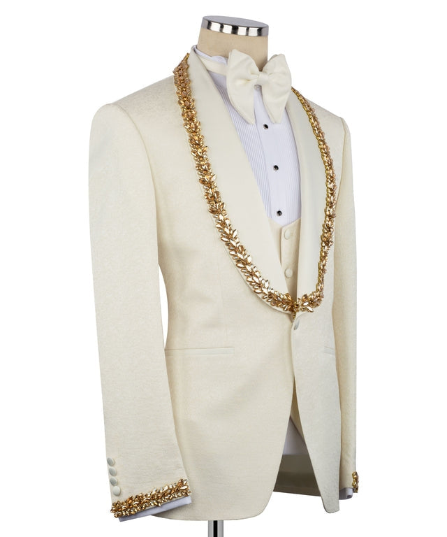 3 Pieces Cream White Jacquard Gold Crystal Embroidered Shawl Lapel Wedding Suits