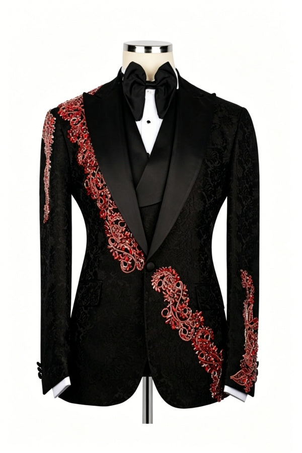 3 Pieces Black Jacquard Peaked Lapel Prom Suit With Appliques