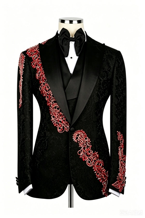 3 Pieces Black Jacquard Peaked Lapel Prom Suit With Appliques