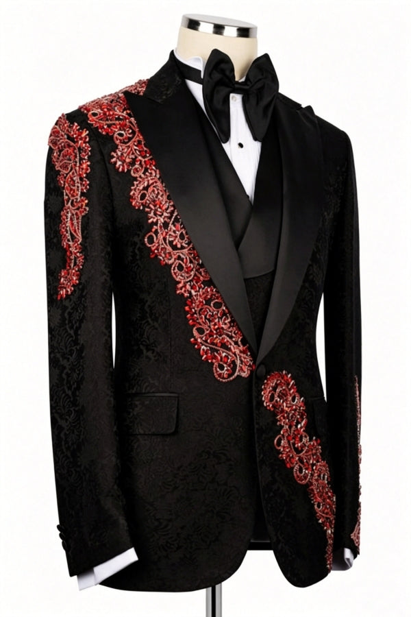 3 Pieces Black Jacquard Peaked Lapel Prom Suit With Appliques