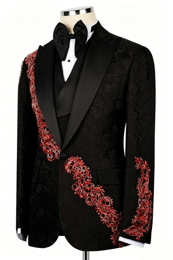 3 Pieces Black Jacquard Peaked Lapel Prom Suit With Appliques