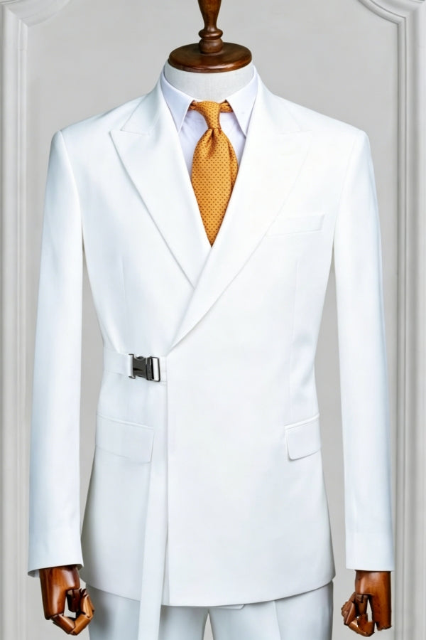 Handsome White Peaked Lapel Prom Suit With Buckle Belt