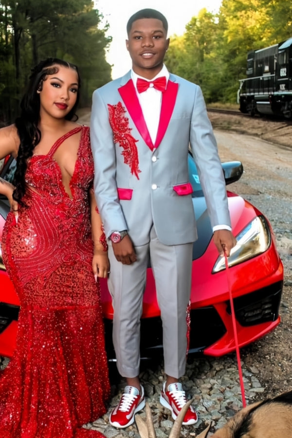 Chic Gray Appliques Notched Lapel Prom Men Suits