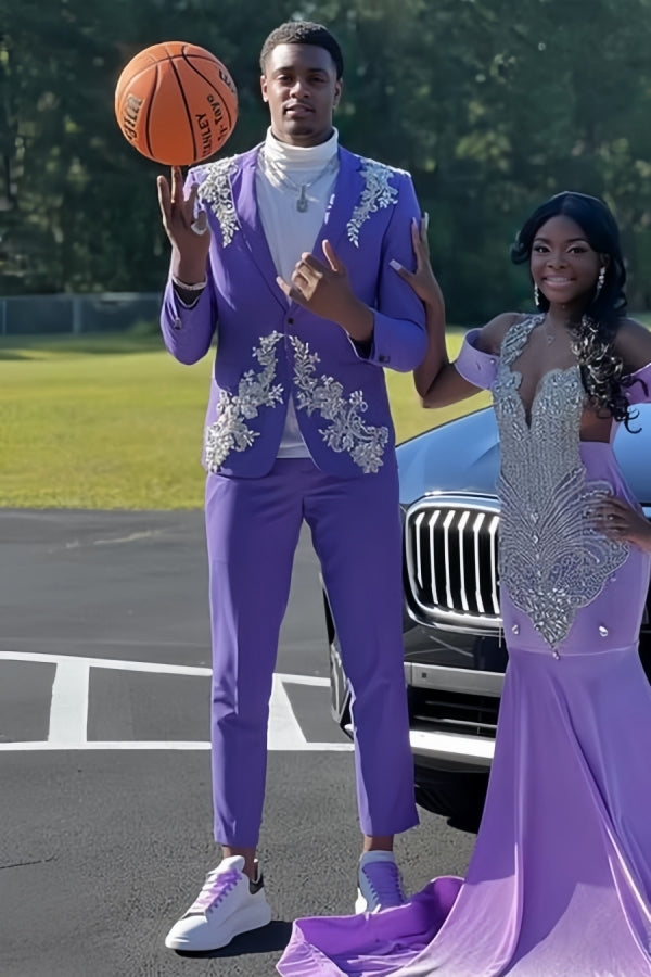 Gentle Purple Appliques Notched Lapel Prom Suits