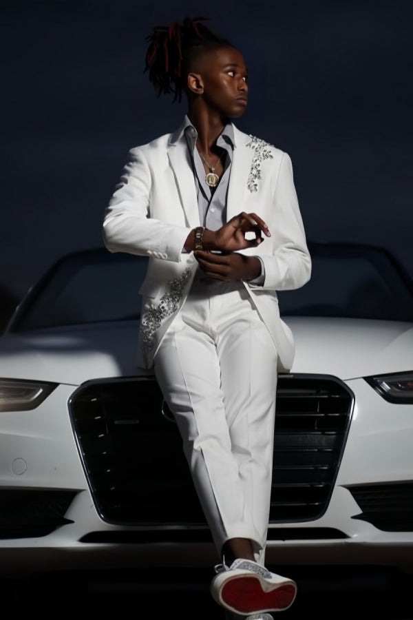 Classical White Notched Lapel Appliques Prom Suits