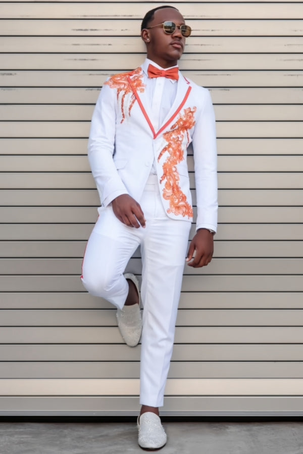 White Newest Close Fitting Notched Lapel Appliques Prom Suits