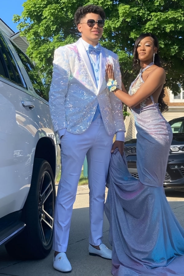 Modern White Shawl Lapel Sequins Prom Suits