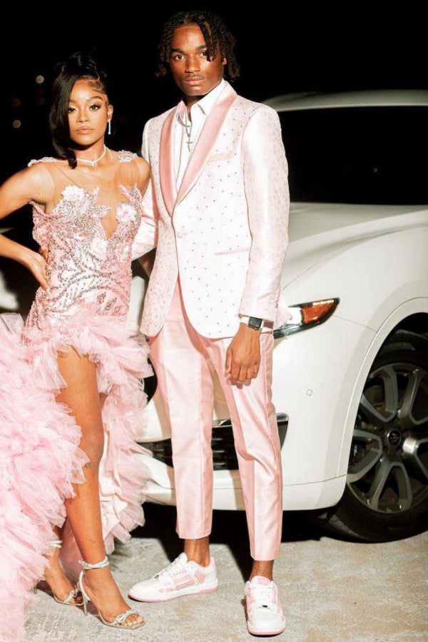 Trendy Pink Jacquard Beadings Shawl Lapel Prom Men Suits