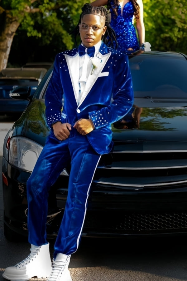 Stylish Royal Blue Velvet Beadings Peaked Lapel Prom Men Suits