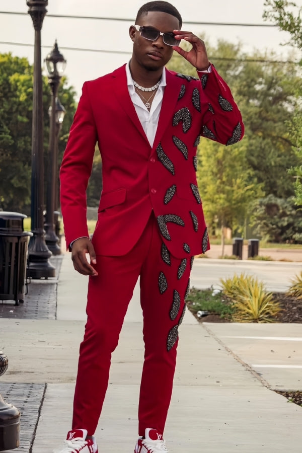Glamorous Red Appliques Notched Lapel Prom Men Suits