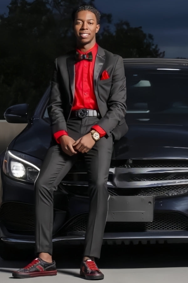 Modern Close Fitting Black Notched Lapel Prom Suits