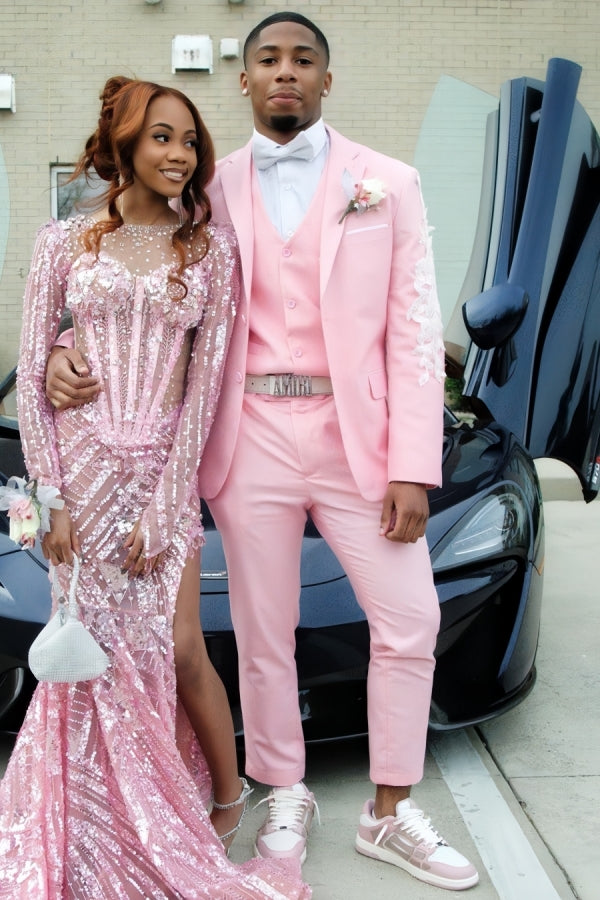 Glamorous Pink 3 Pieces Notched Lapel Prom Suits With Appliques