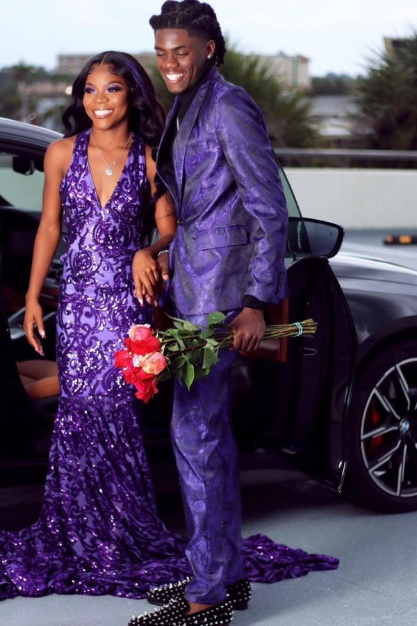 Handsome Purple Newest Jacquard Shawl Lapel Prom Suits