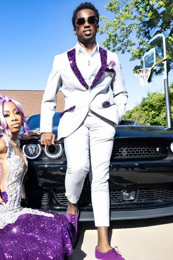 Charming White Peaked Lapel Prom Suits With Purple Sequins