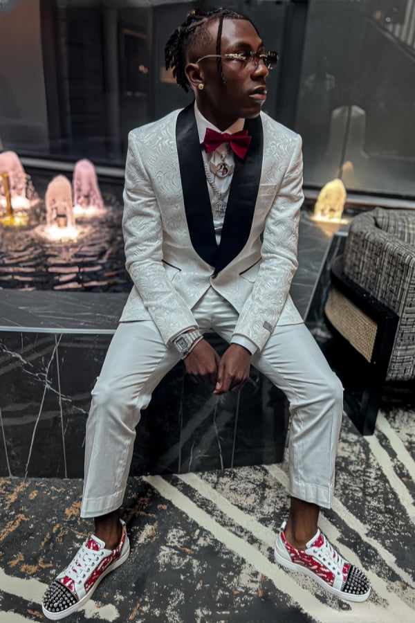 Fancy White Close Fitting Shawl Lapel Prom Suits