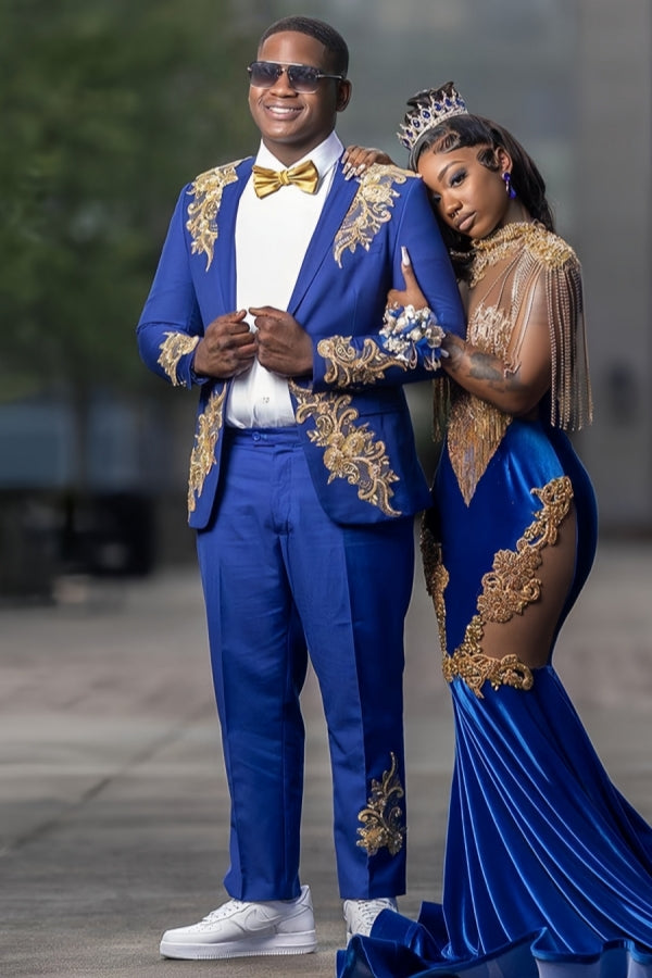 Newest Blue Fancy Notched Lapel Prom Men Suits With Appliques
