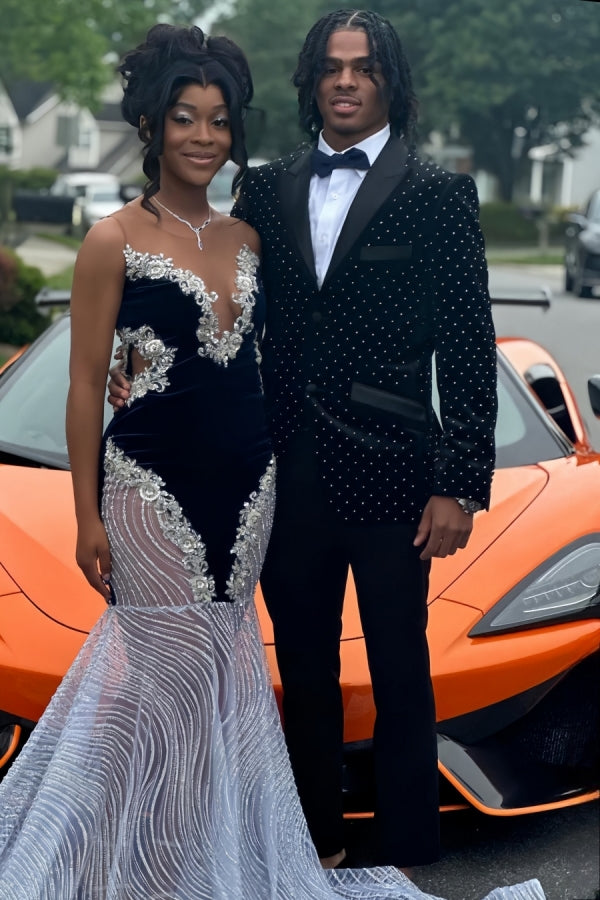 Fashion Black Peaked Lapel Prom Men Suits With Beadings