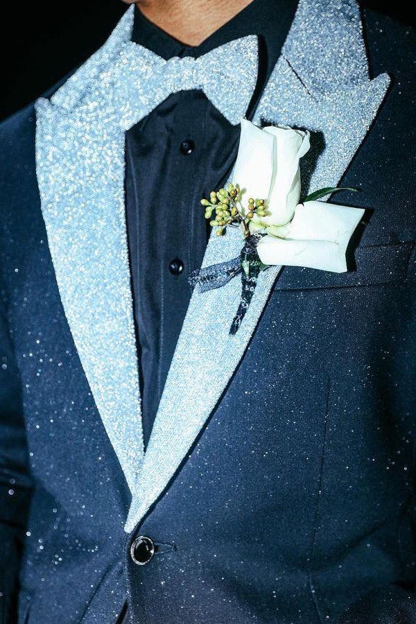 Sparkle Dark Navy Sequins Peaked Lapel Prom Men Suits