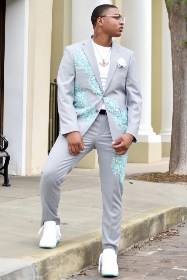 Bespoke Gray Appliques Notched Lapel Prom Men Suits
