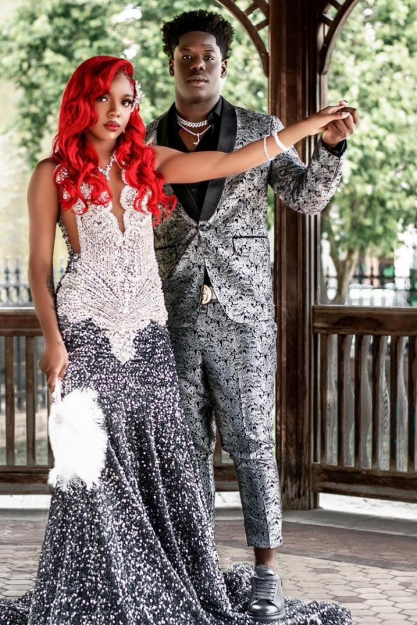 Silver Gray Shawl Lapel Jacquard Prom Men Suits