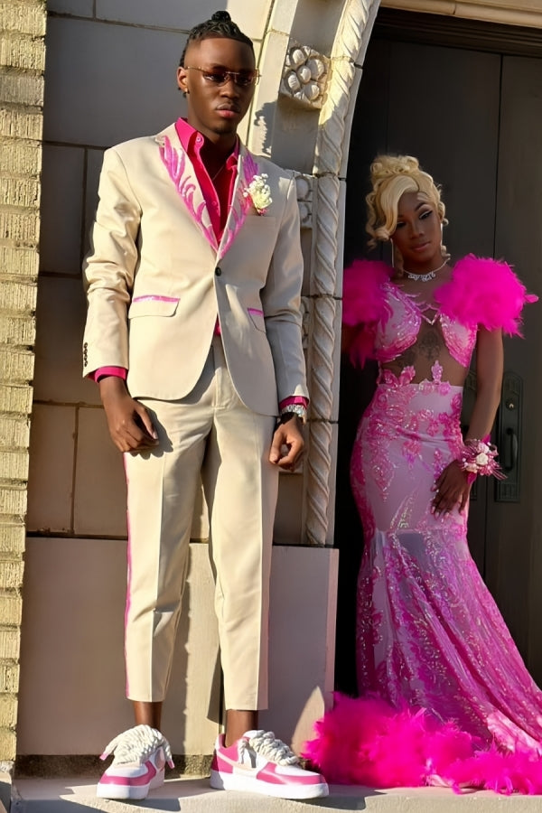 Modern Beige Appliques Peaked Lapel Prom Men Suits