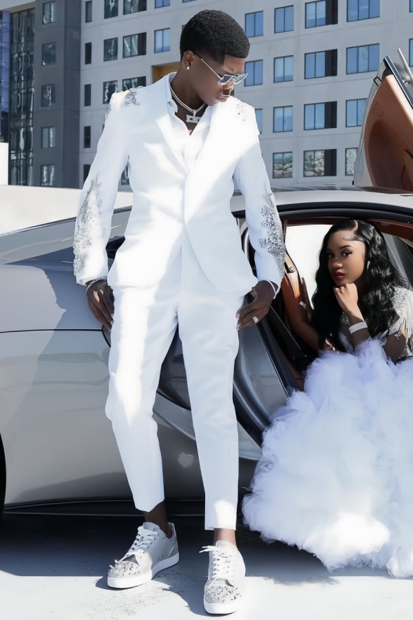 Handsome White Appliques Notched Lapel Prom Men Suits