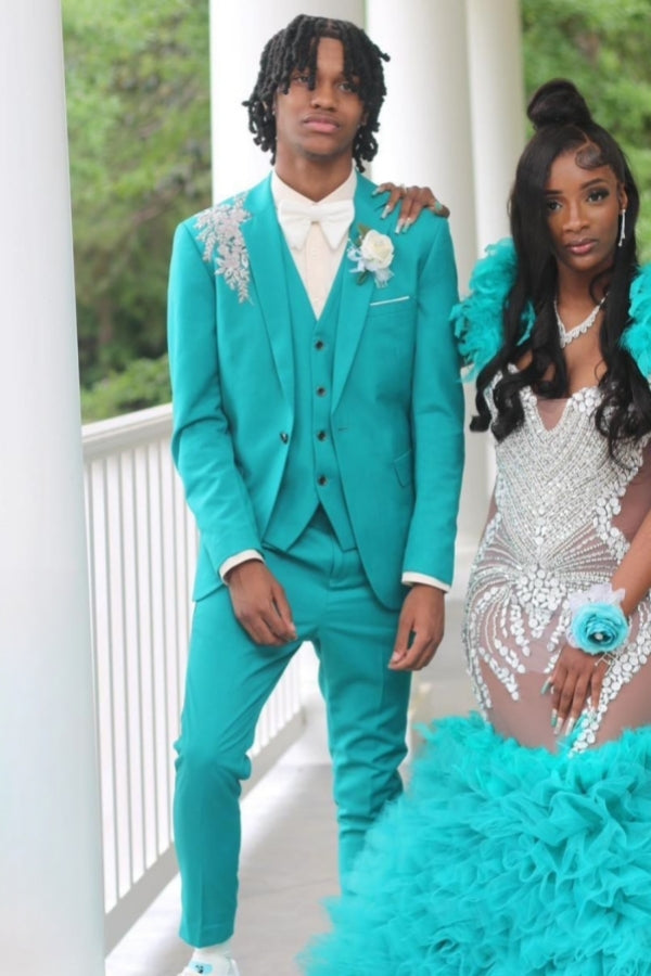 Turquoise 3 Pieces Appliques Notched Lapel Prom Men Suits