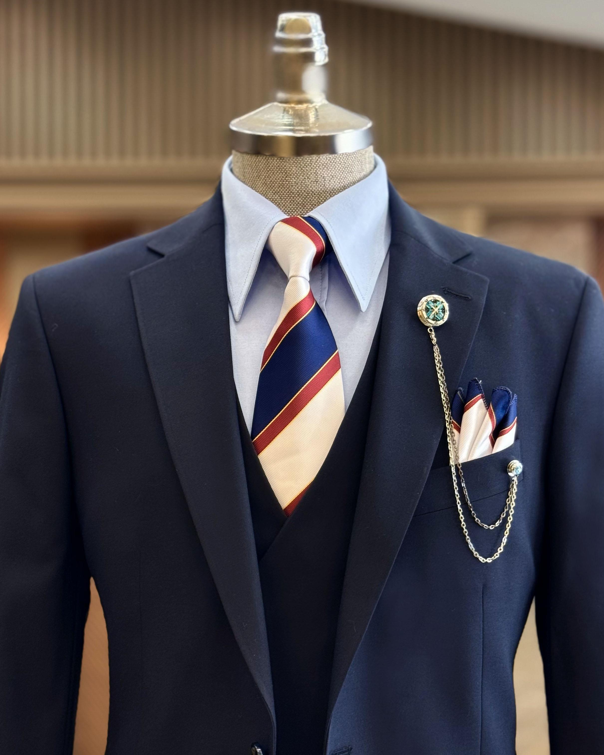 Stylish Dark Blue 3 Pieces Close Fitting Formal Suits For Men