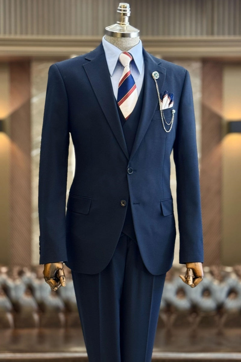 Stylish Dark Blue 3 Pieces Close Fitting Formal Suits For Men