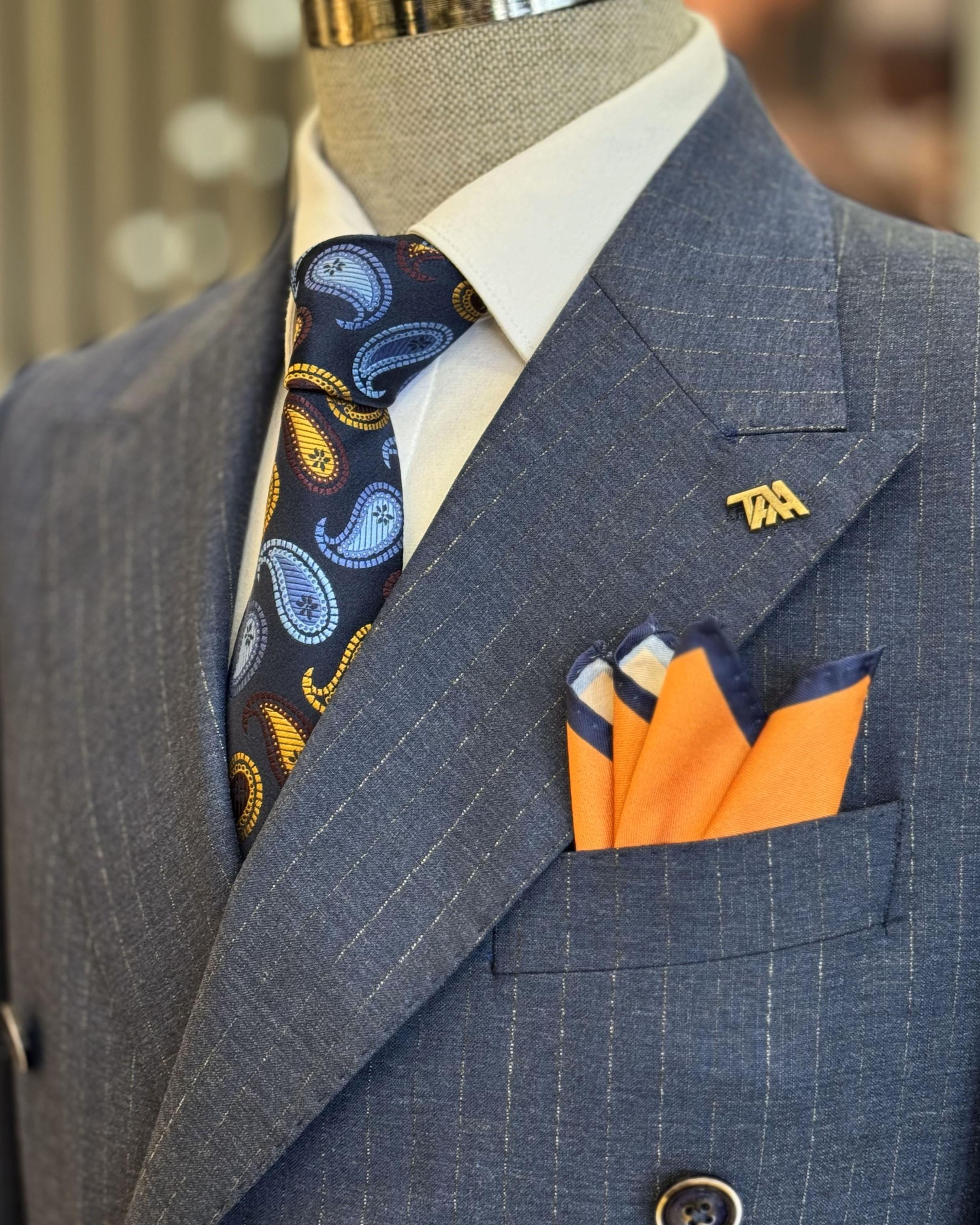 Chic Dark Blue Pinstriped Bespoke Double Breasted Formal Suits