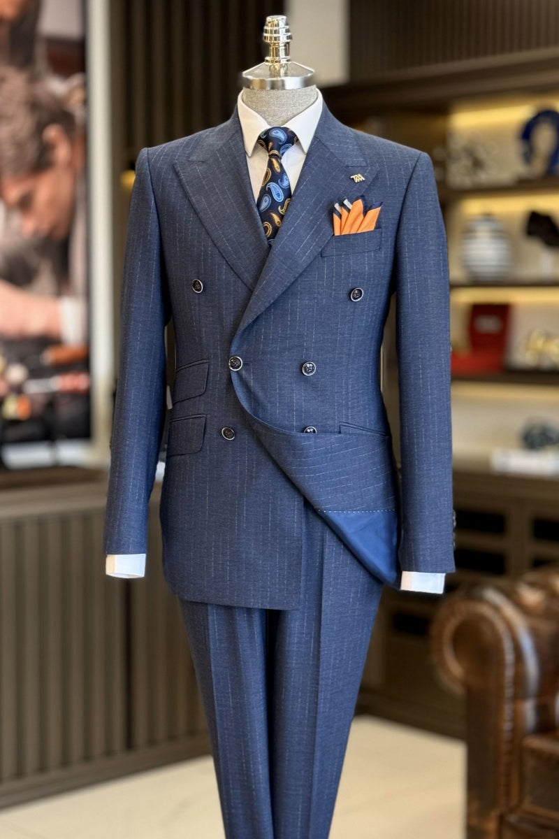 Chic Dark Blue Pinstriped Bespoke Double Breasted Formal Suits