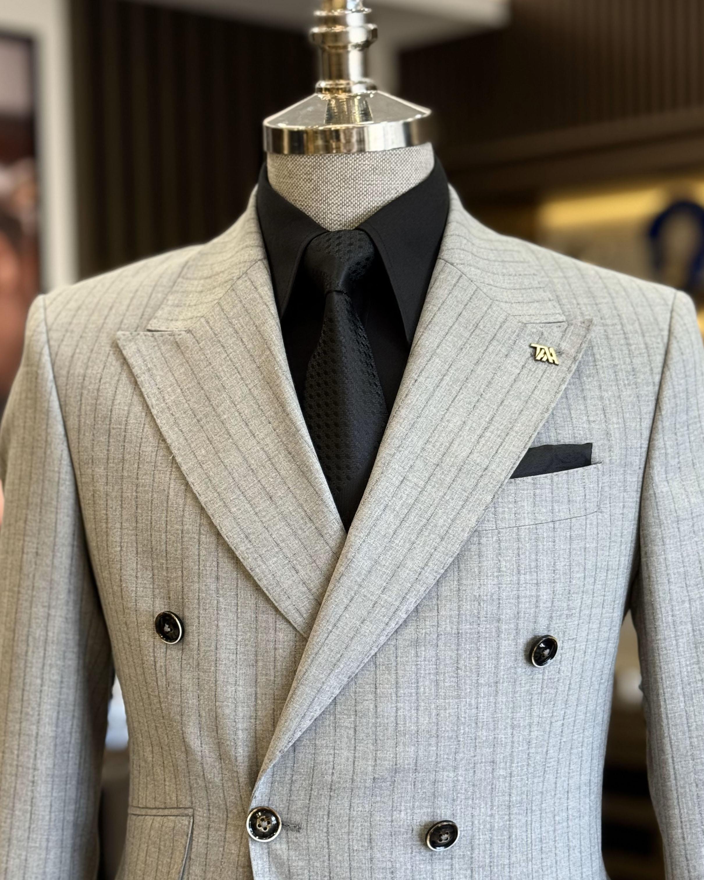 Modern Light Gray Double Breasted Striped Business Suits