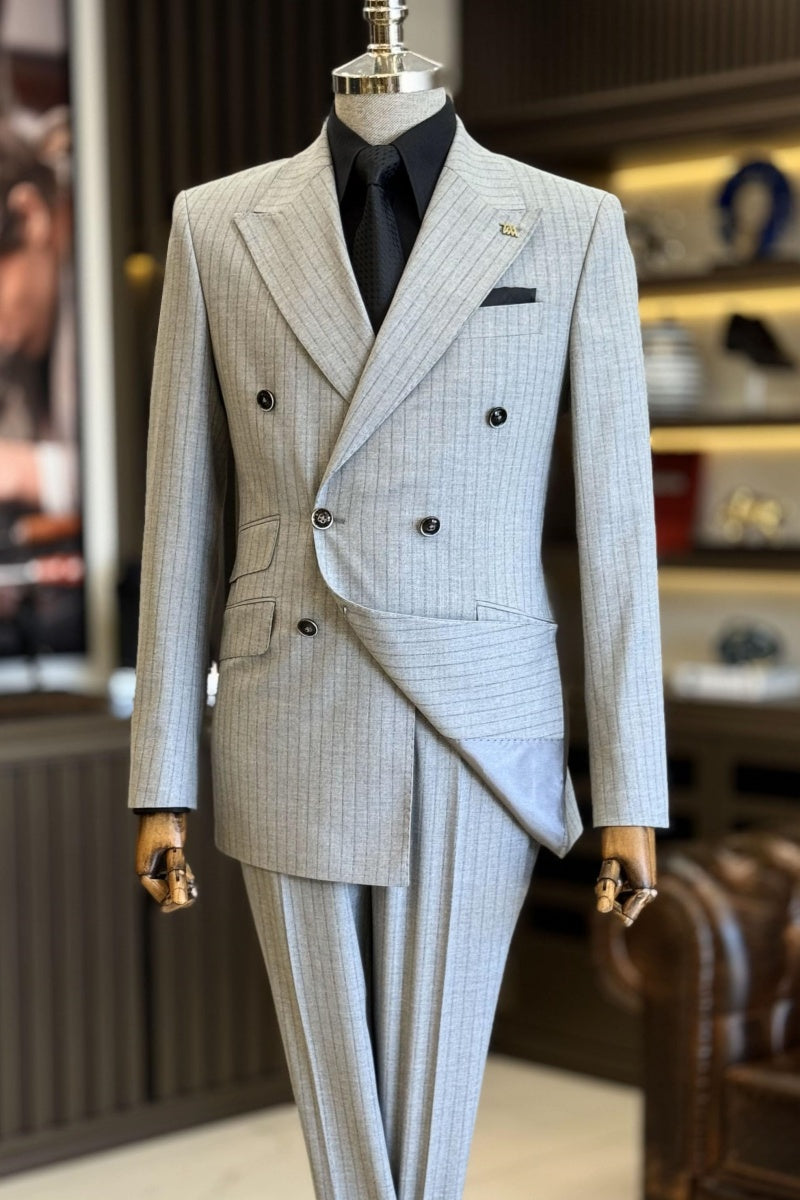 Modern Light Gray Double Breasted Striped Business Suits