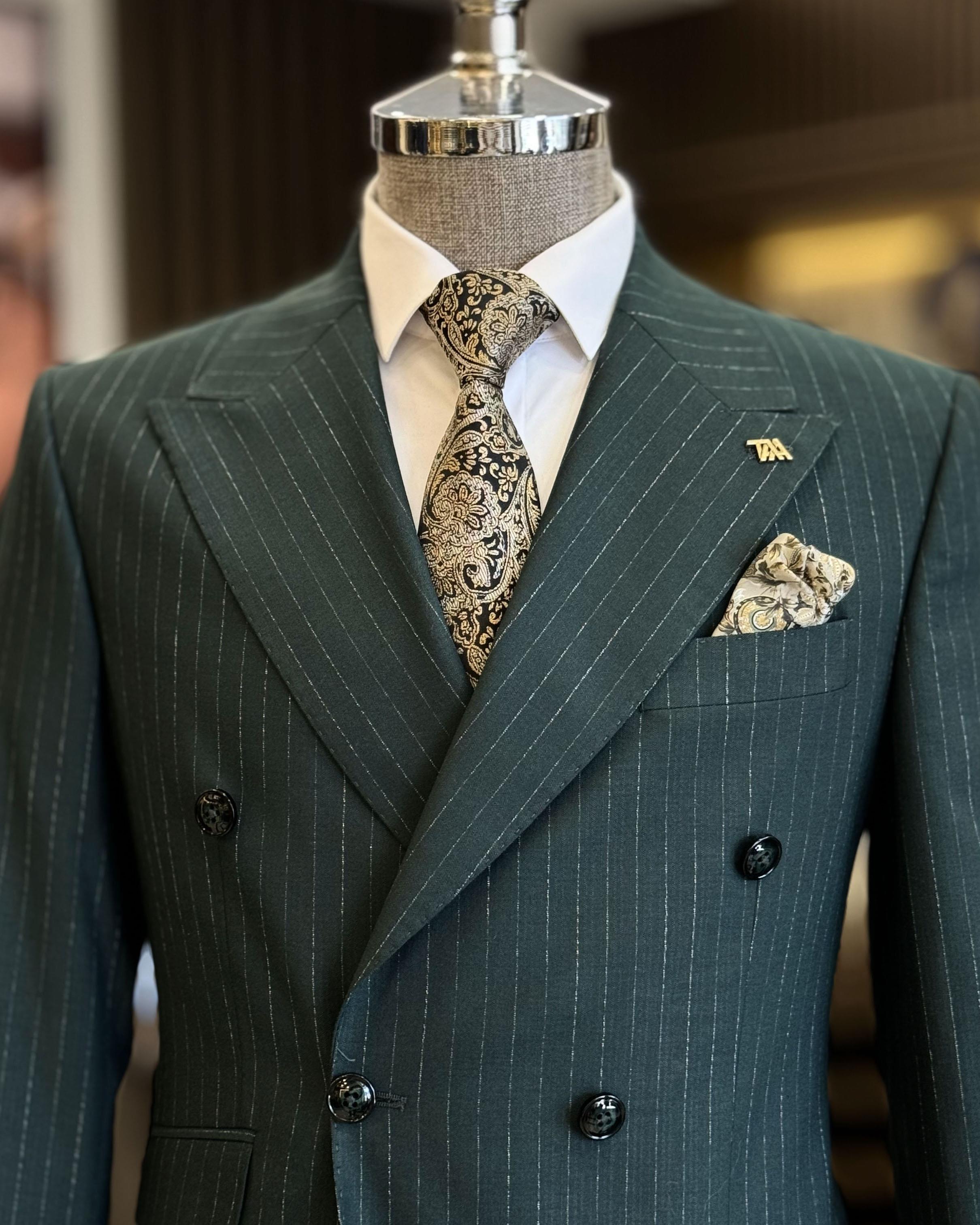 Dark Green Chic Striped Double Breasted Formal Suits