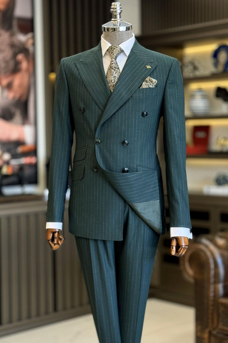 Dark Green Chic Striped Double Breasted Formal Suits
