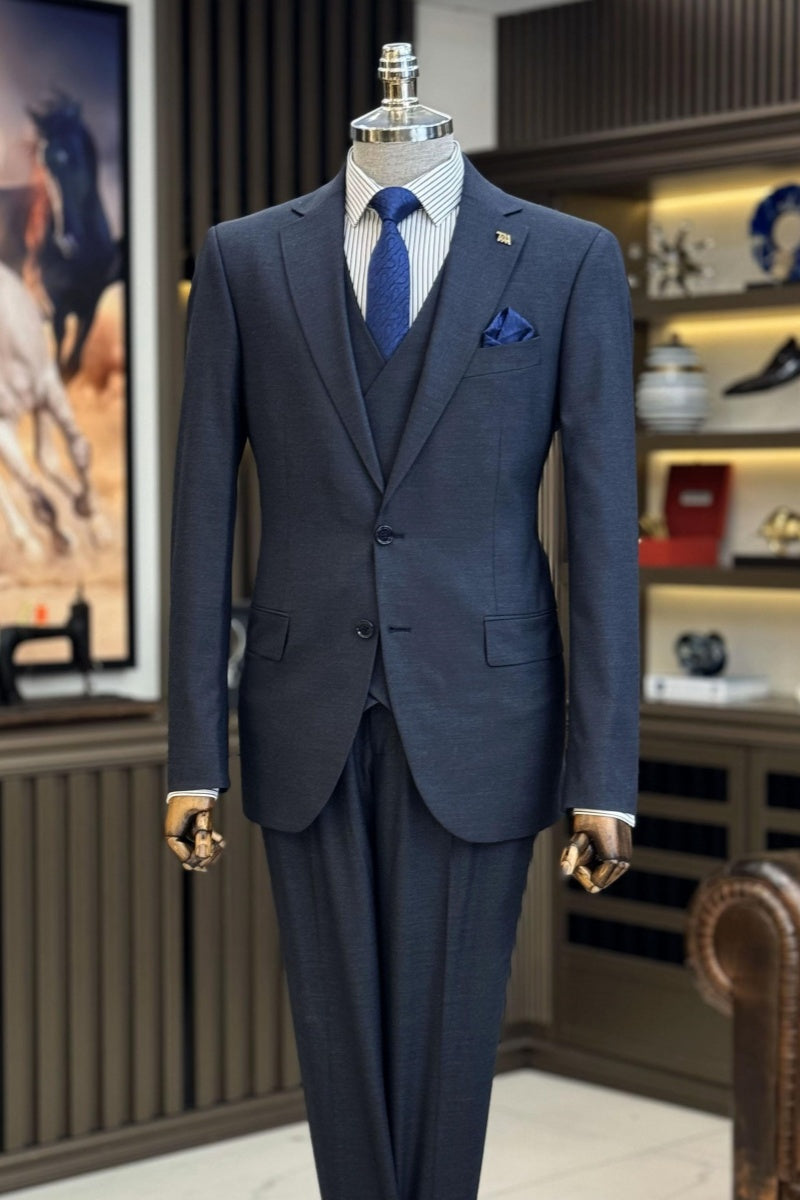 Formal Dark Blue Close Fitting Suits For Men With Waistcoat